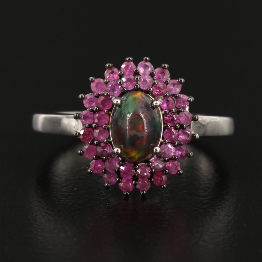 Sterling Silver Opal and Ruby Ring