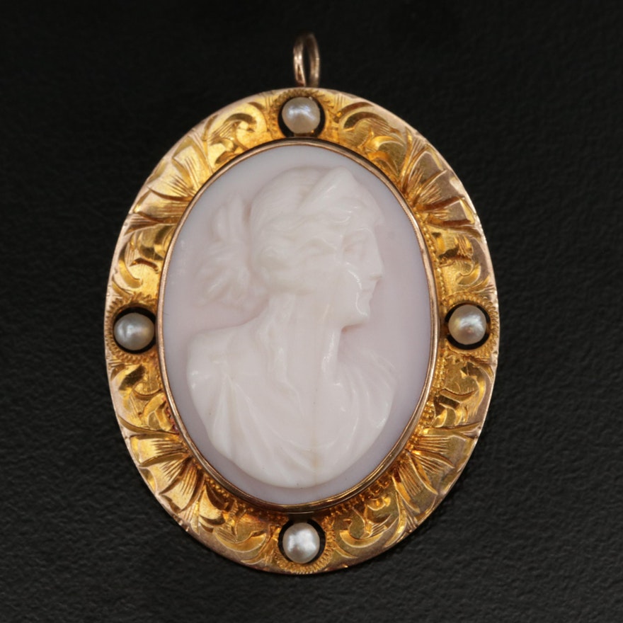 Antique E L Spencer Co 10K Conch Shell and Pearl Cameo Converter Brooch