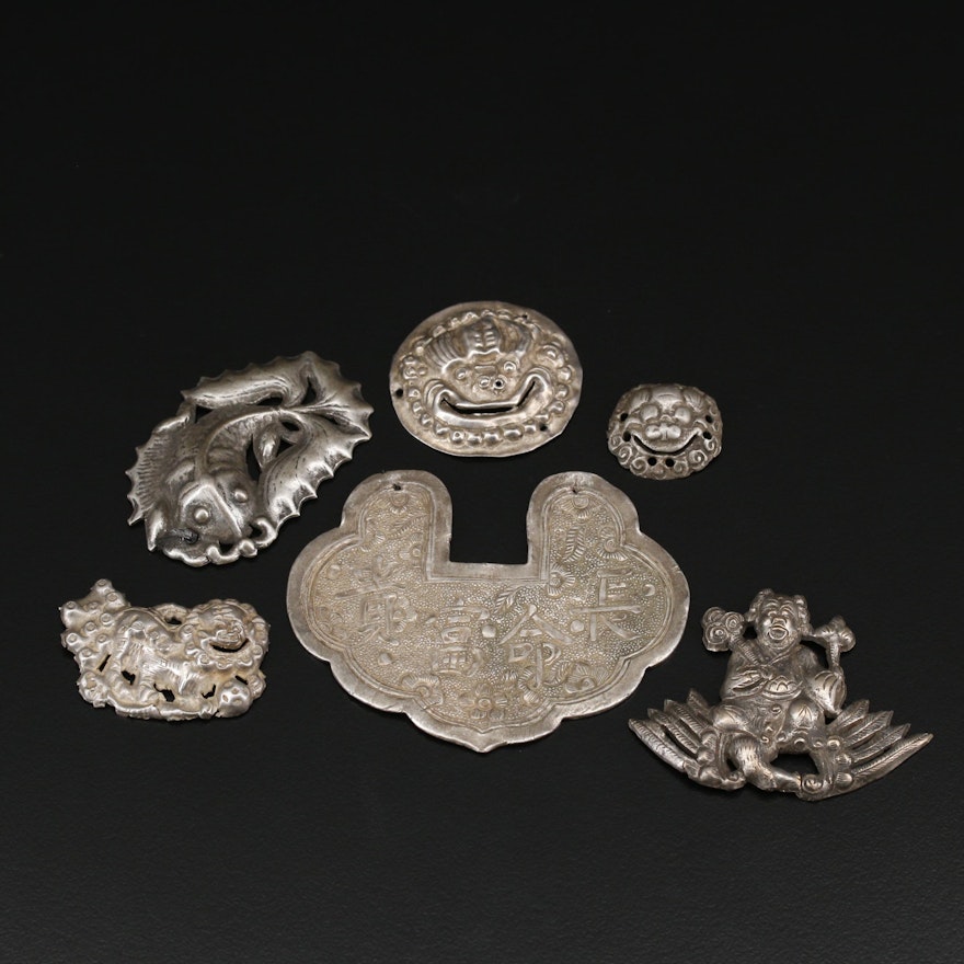 Antique Chinese Amulets and Buttons Including Sterling and 800 Silver