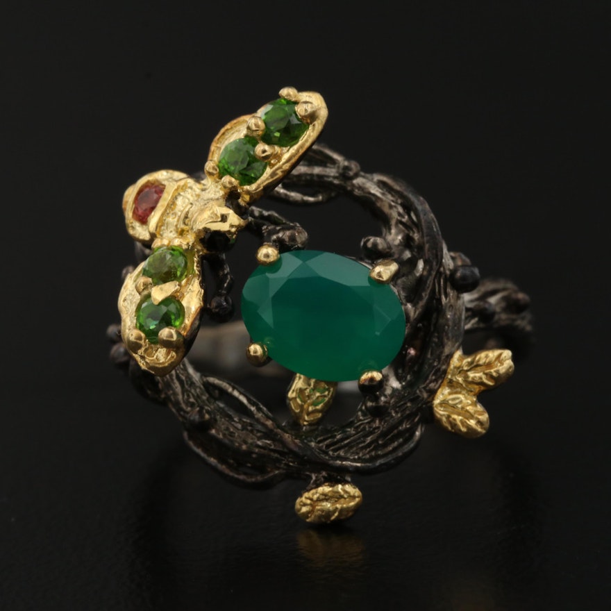 Sterling Silver Chalcedony, Diopside, and Garnet Ring Featuring Nature Motif
