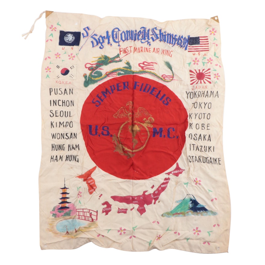 WWII Era USMC Hand-Painted Identified Pilot's Bombing Tour Silk Banner