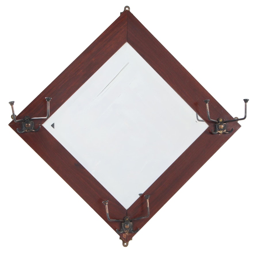 Victorian Mahogany Mirror with Hat Hooks, Early 20th Century