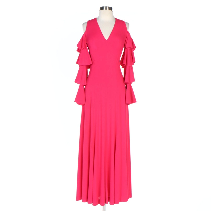 Mr. Boots Pink Cold Shoulder and Ruffle Sleeve V-Neck Maxi Dress