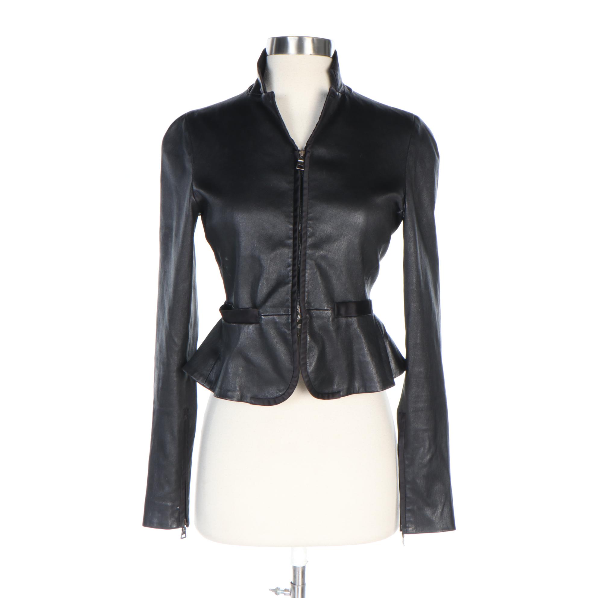 Prada Black Leather Peplum Crop Jacket with Satin Trim