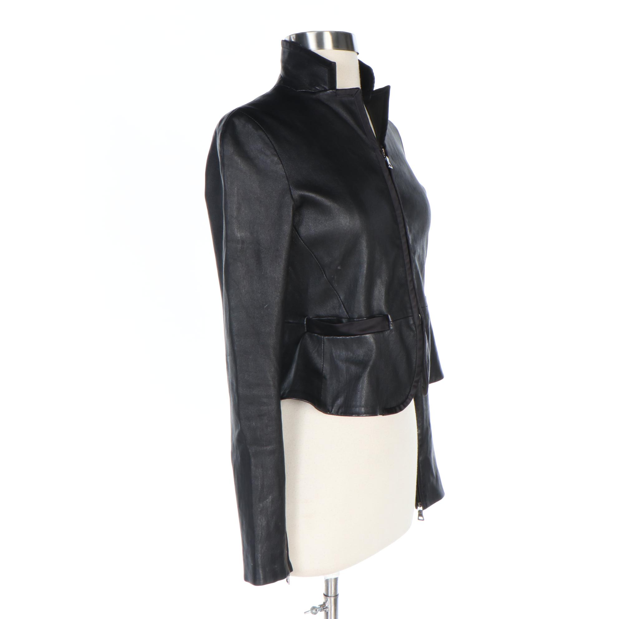 Prada Black Leather Peplum Crop Jacket with Satin Trim