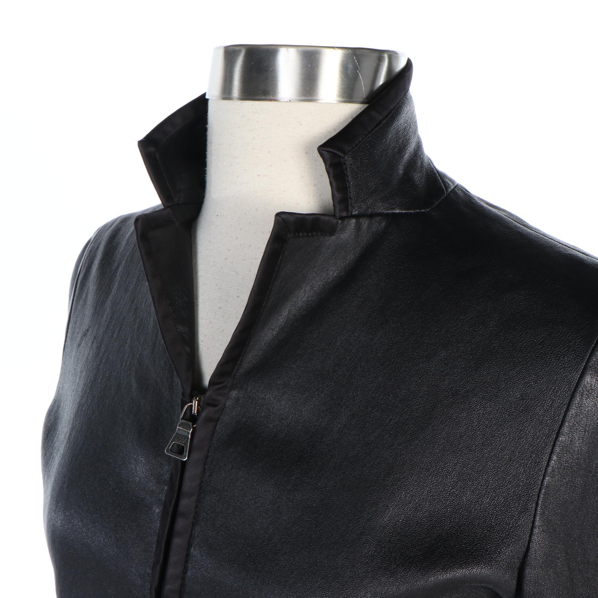 Prada Black Leather Peplum Crop Jacket with Satin Trim