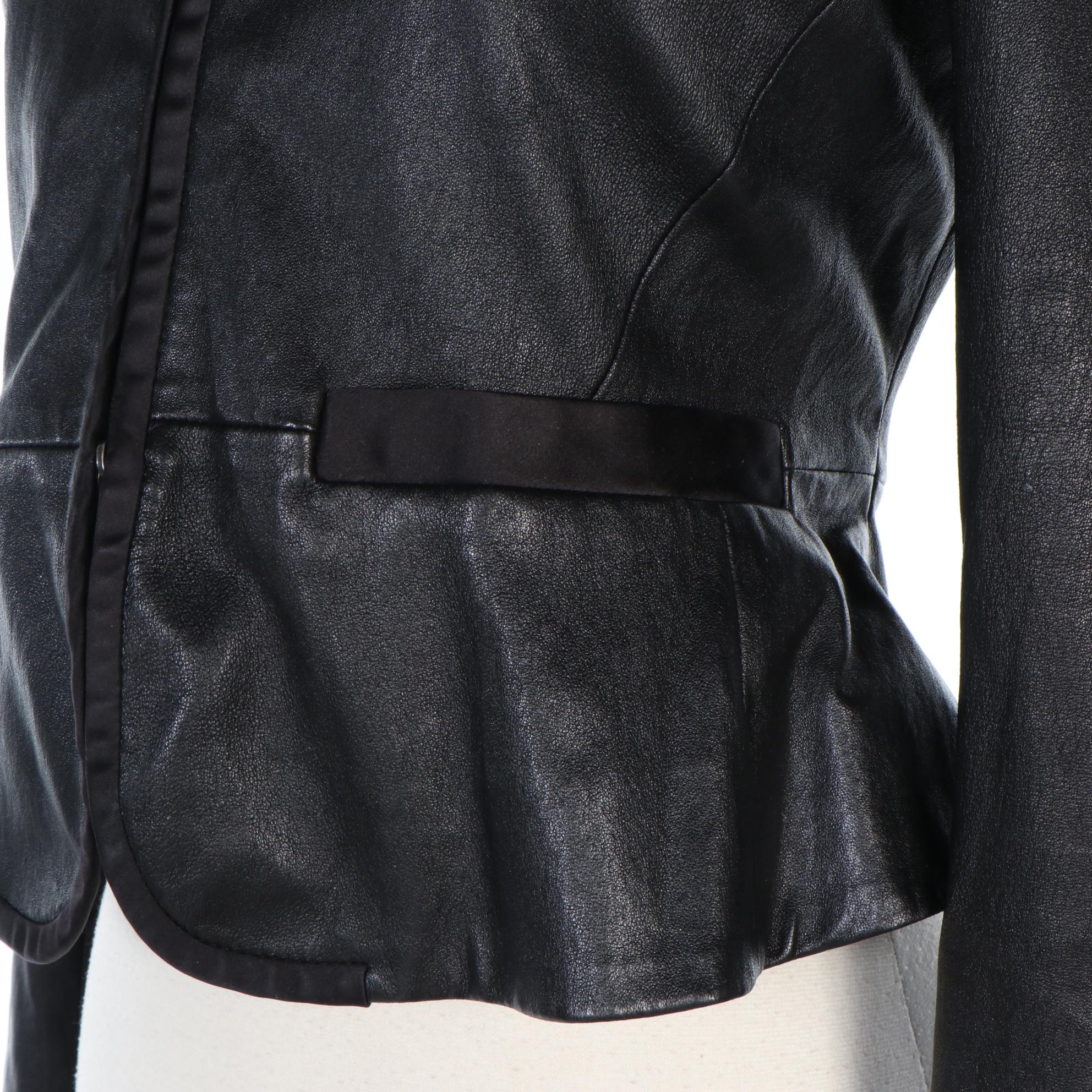 Prada Black Leather Peplum Crop Jacket with Satin Trim
