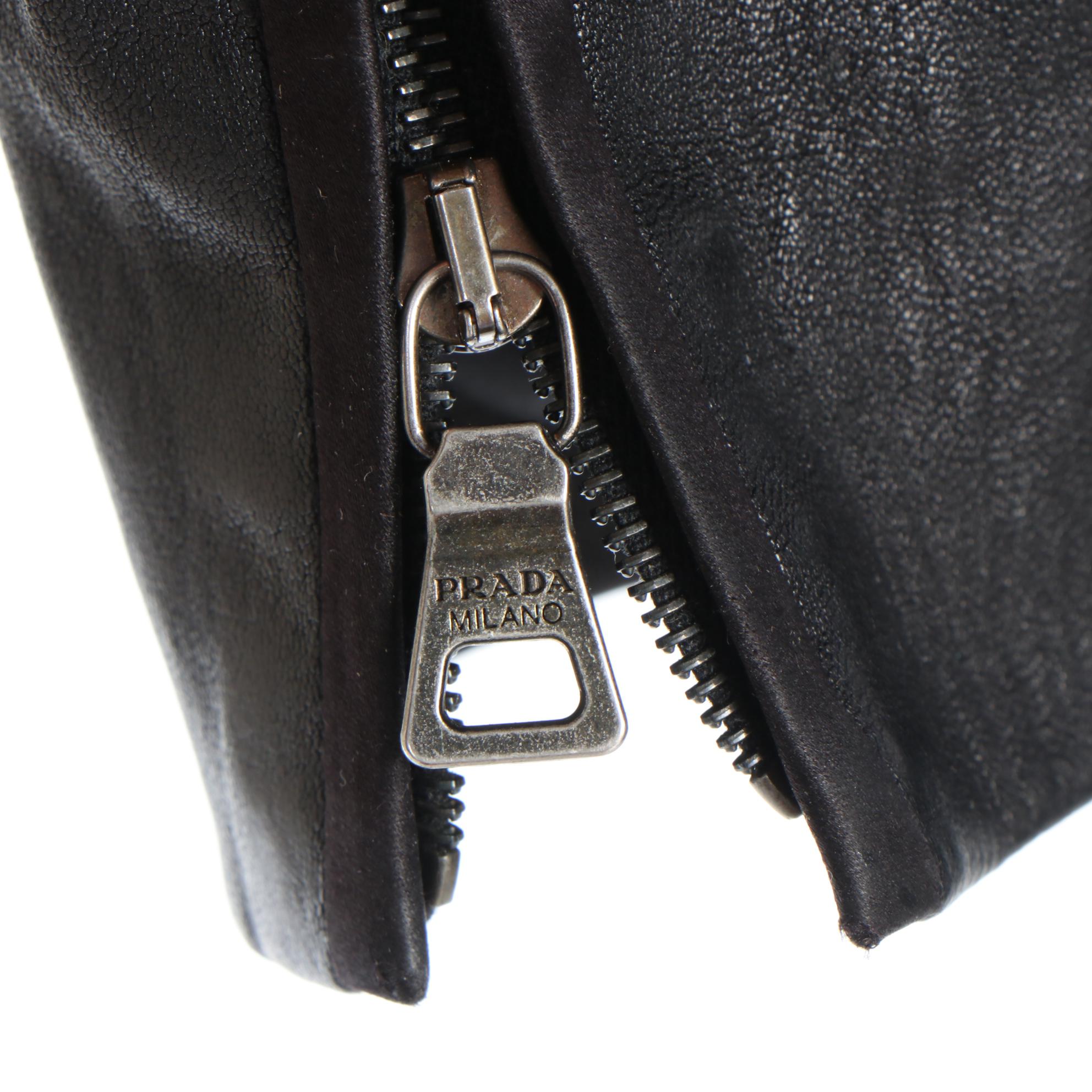 Prada Black Leather Peplum Crop Jacket with Satin Trim