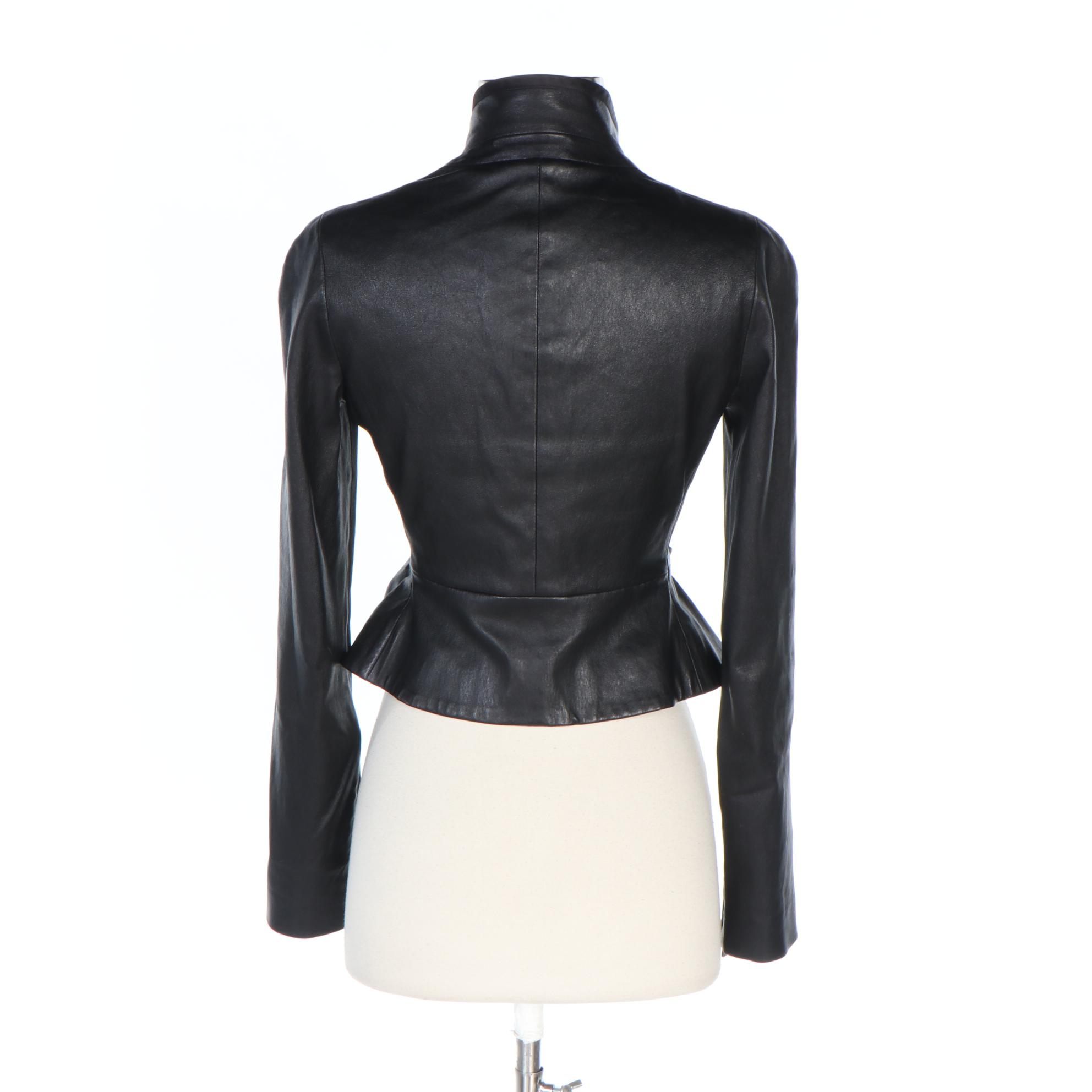 Prada Black Leather Peplum Crop Jacket with Satin Trim