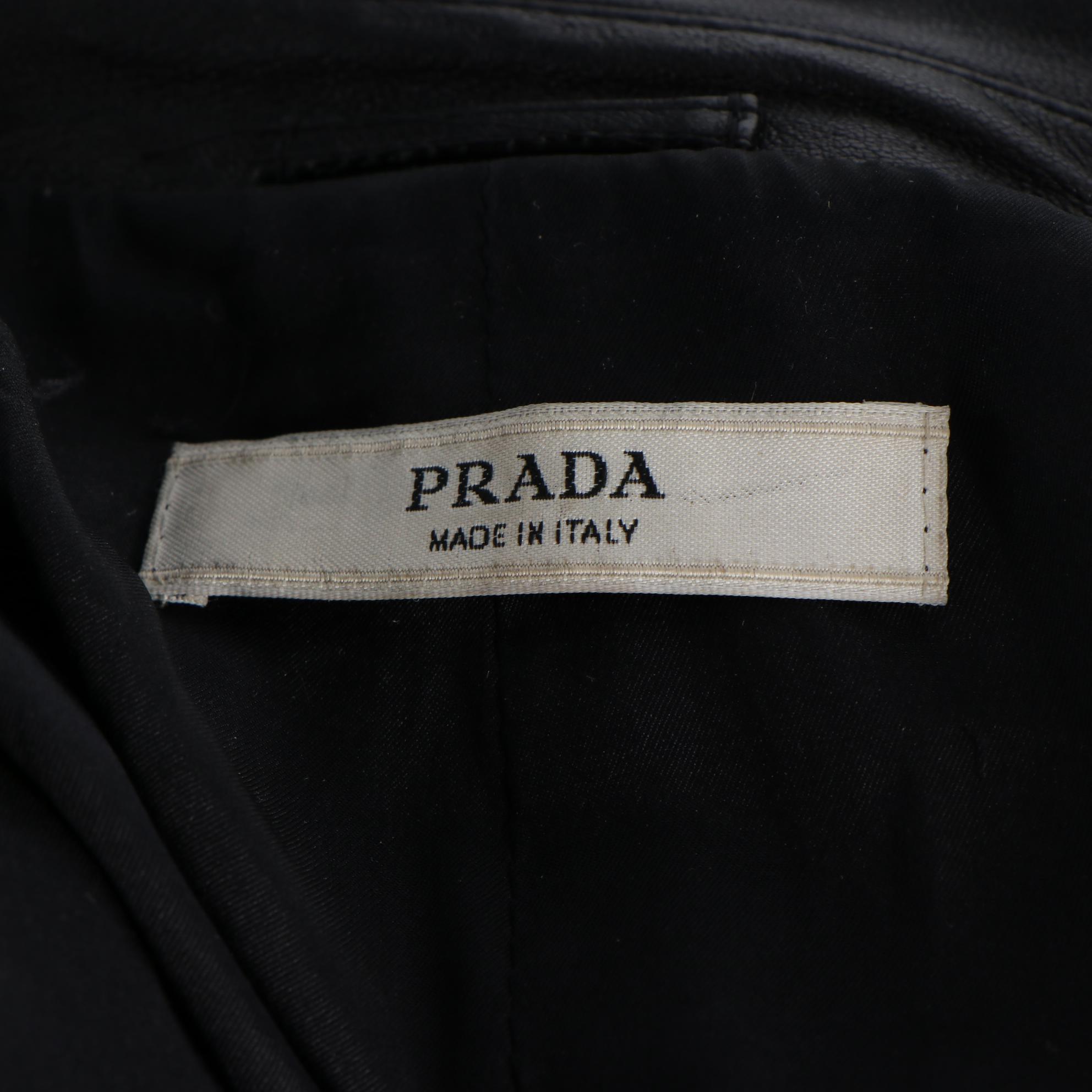 Prada Black Leather Peplum Crop Jacket with Satin Trim