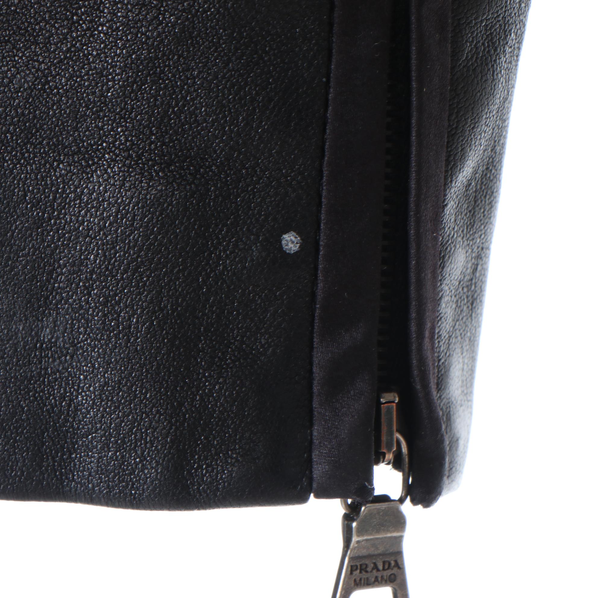 Prada Black Leather Peplum Crop Jacket with Satin Trim