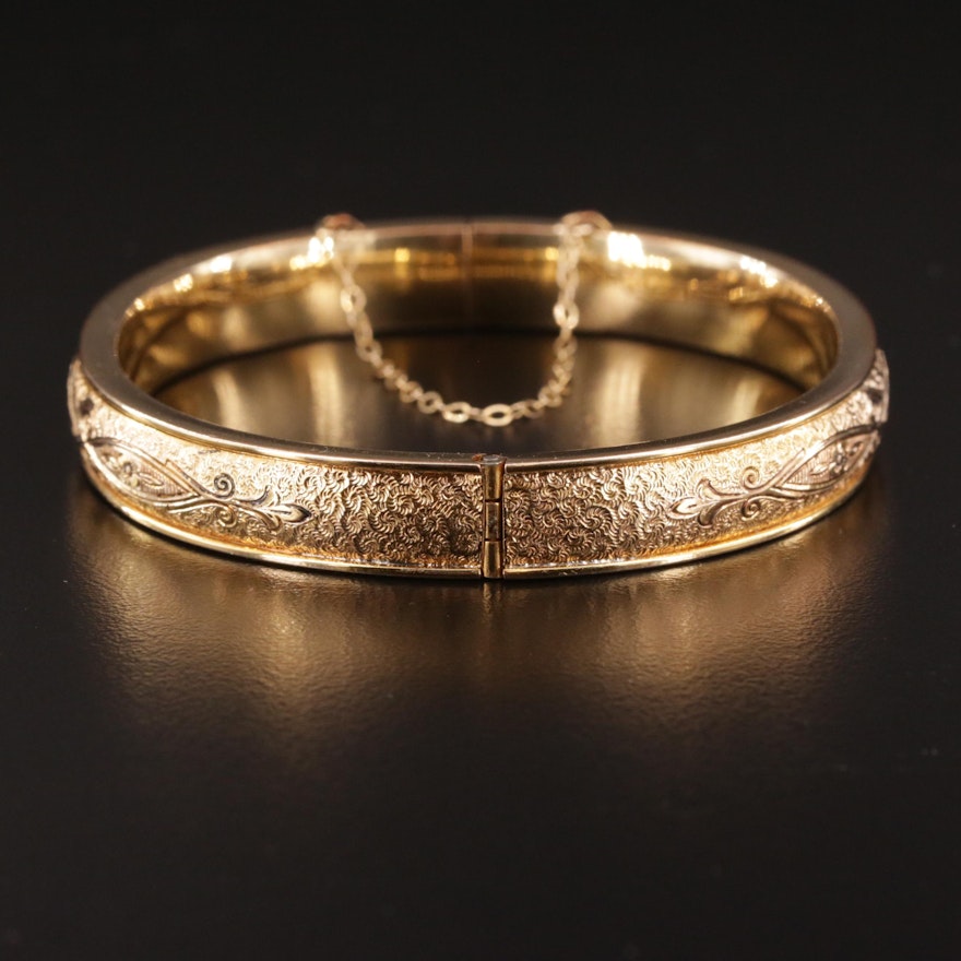 Vintage Hinged Bangle Bracelet Engraved with Floral Motif