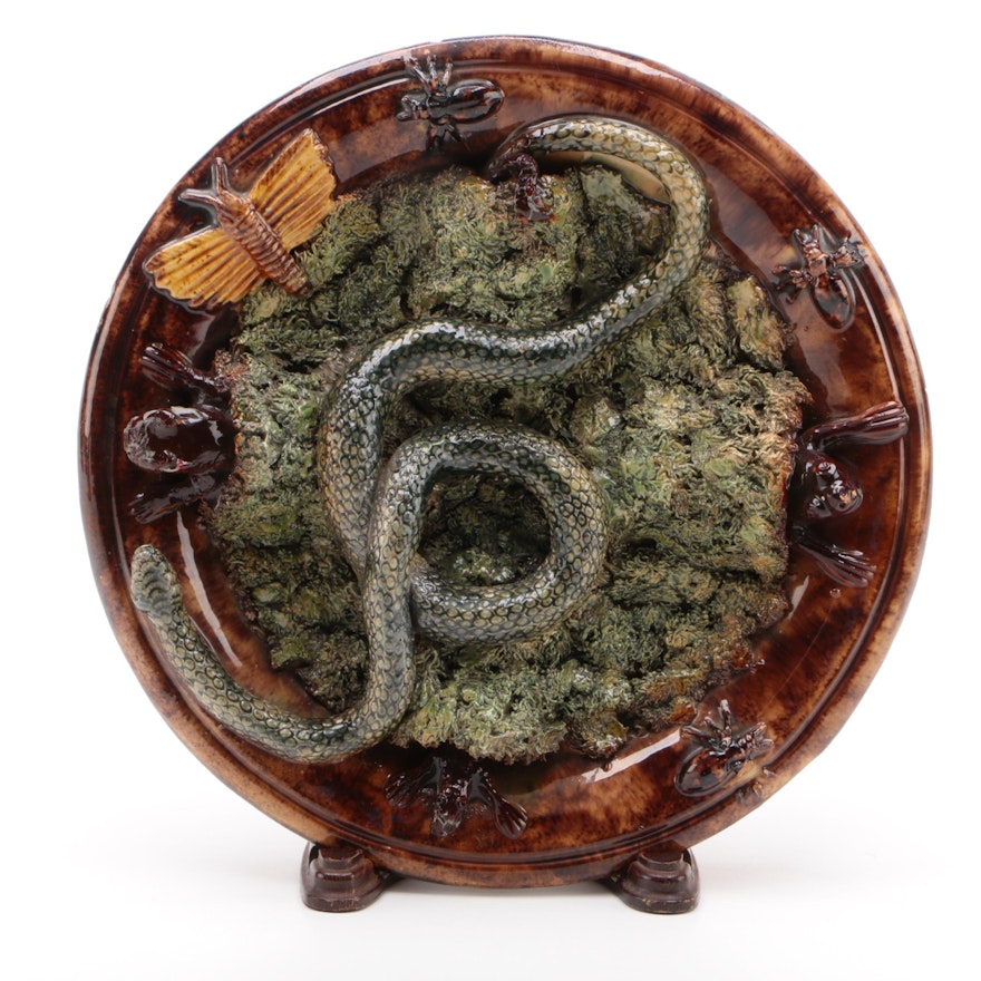 Manuel Mafra Palissy Ware Wall Plate with Snakes, Frogs, and Insects, 19th C.