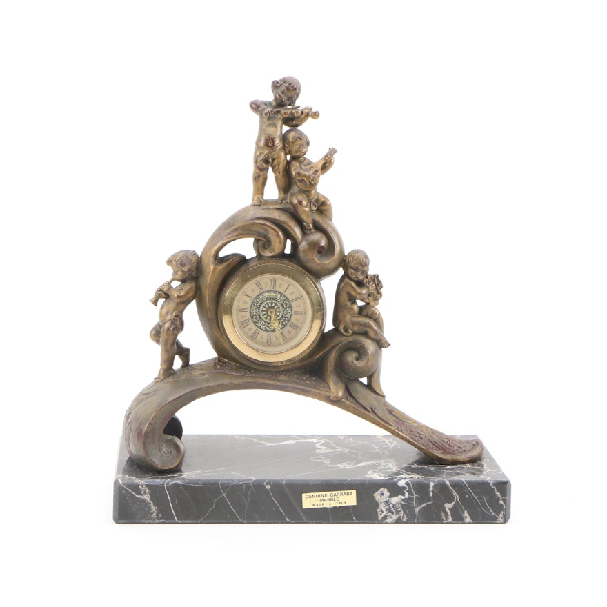 Baroque Style Mantle Clock with Resin Putti Figurals and Carrara Marble Base