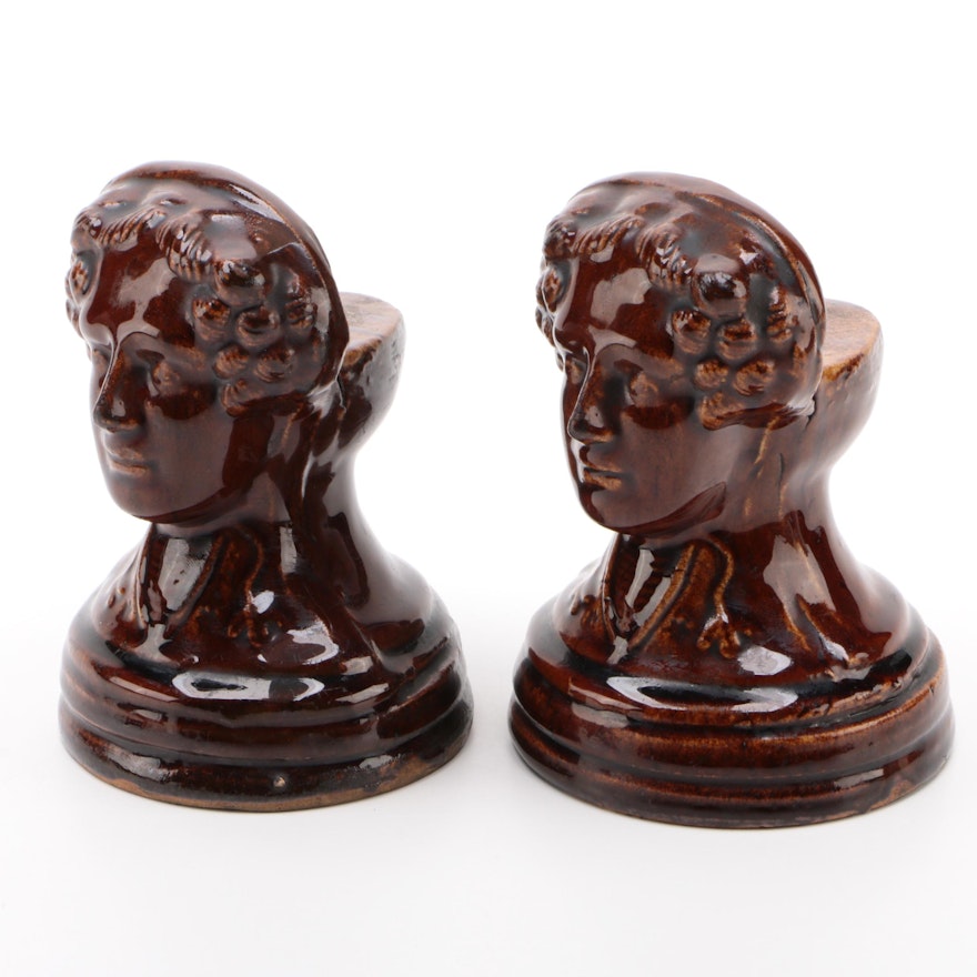 Pair of English Treacle Glaze Female Bust Window Sash Stops, Mid-19th Century