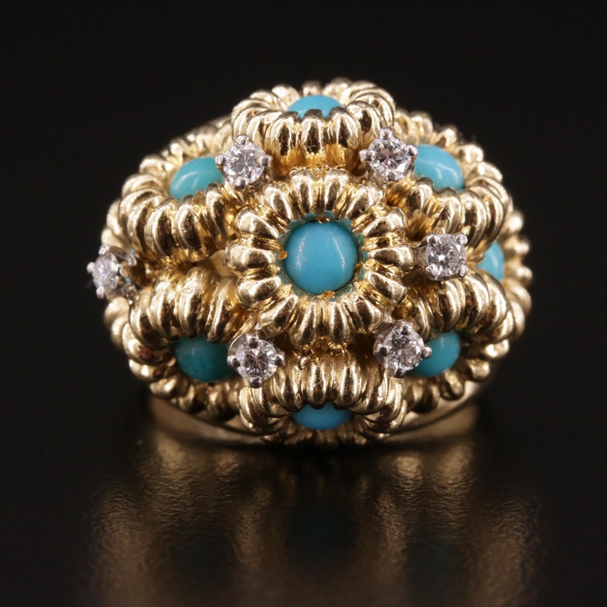 18K Turquoise and Diamond Ring Featuring Floral Motif and Palladium Accents