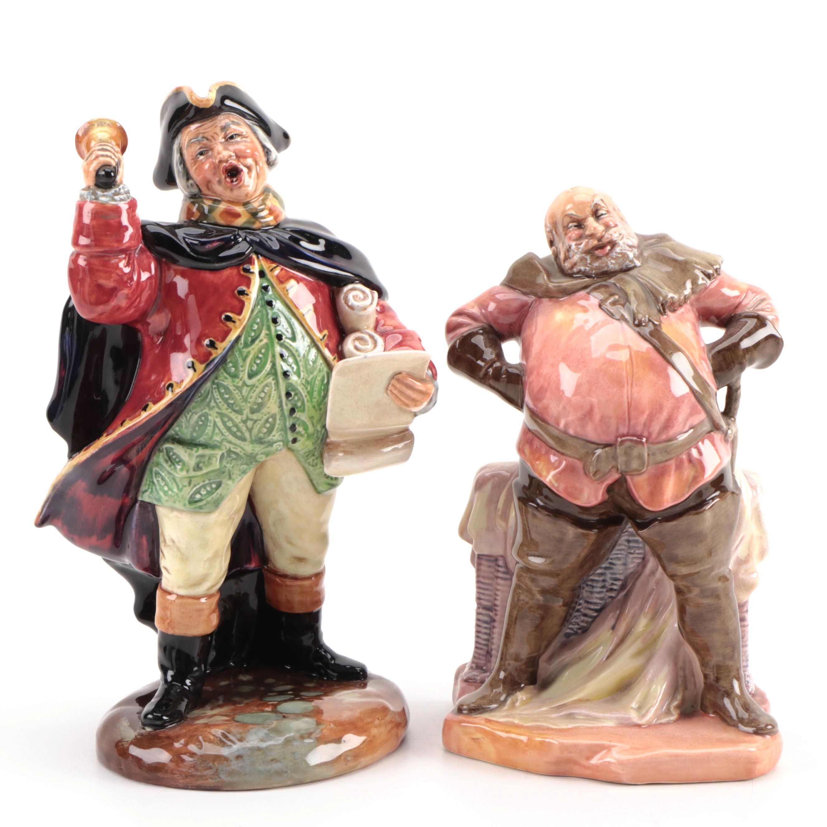 Royal Doulton "Town Crier" and "Falstaff" Ceramic Figurines, Mid to Late 20th C.