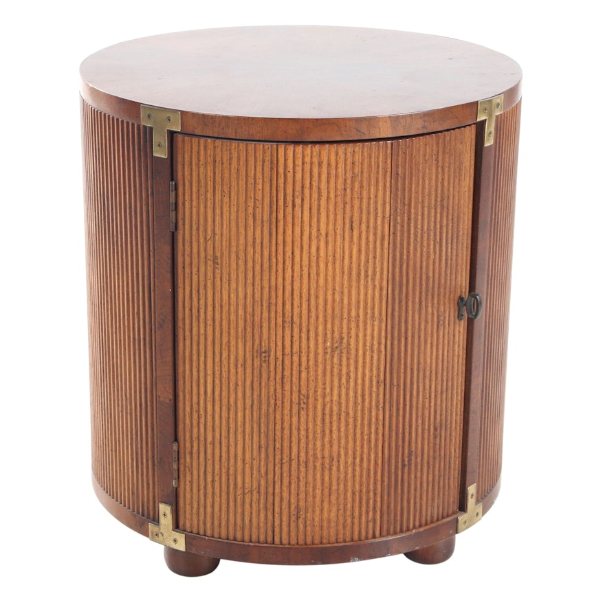 Tambour Style Pecan Cylindrical End Table, Mid-20th Century