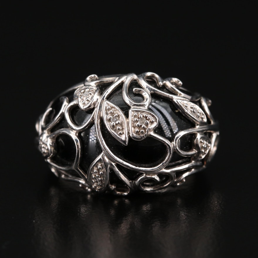 Sterling Black Onyx and Diamond Foliate Ring