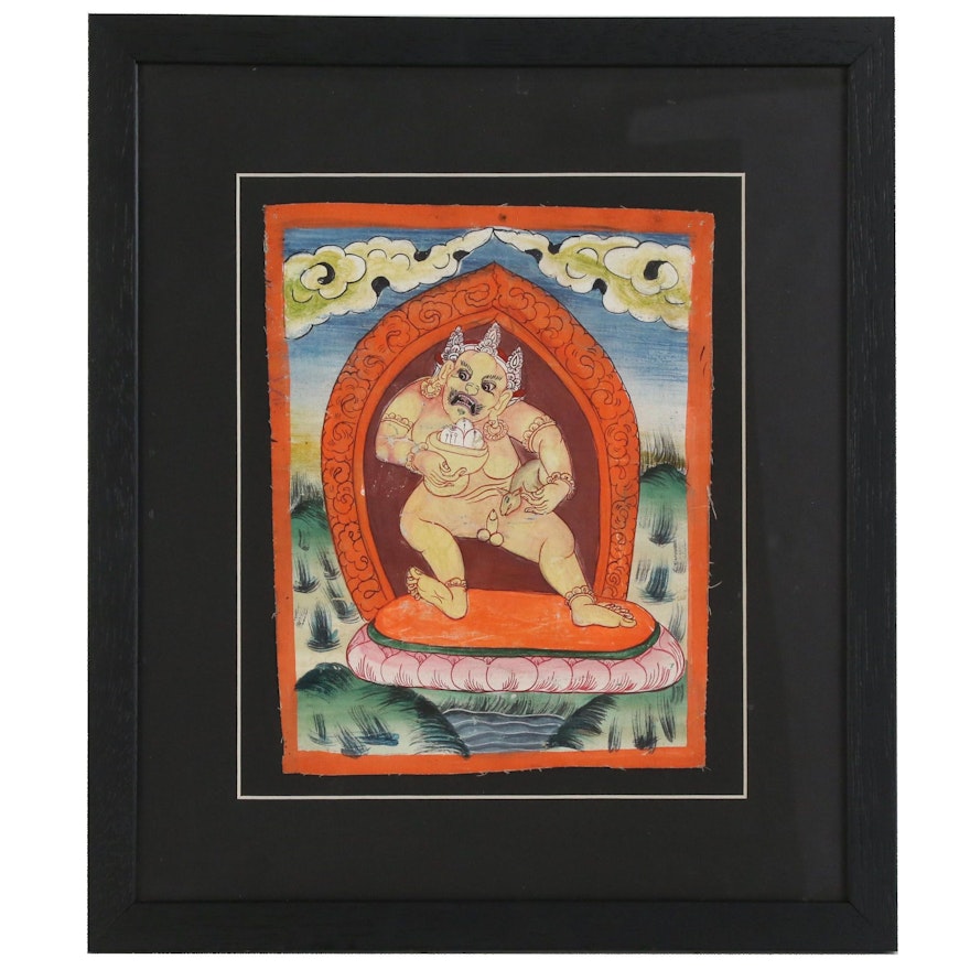 Tibetan Buddhist Gouache Painting of Yellow Jambhala