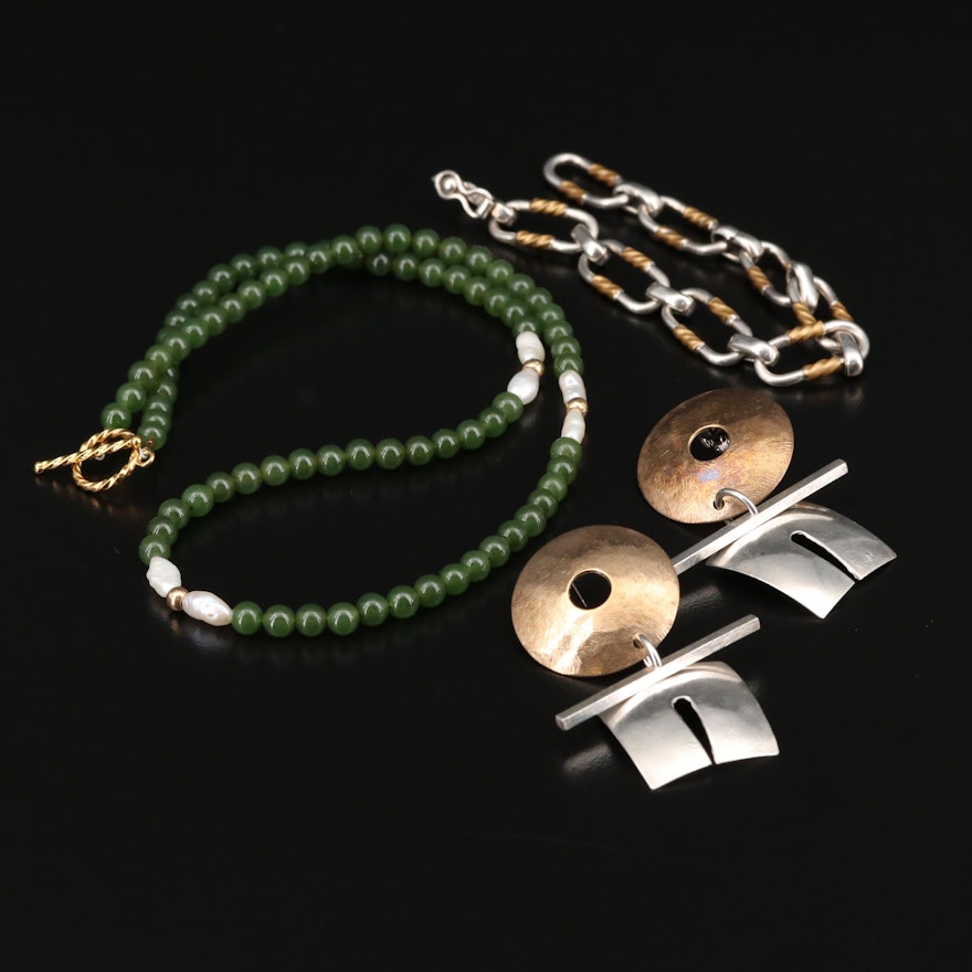 Sterling Silver Bracelet and Earrings Including Nephrite and Pearl Necklace