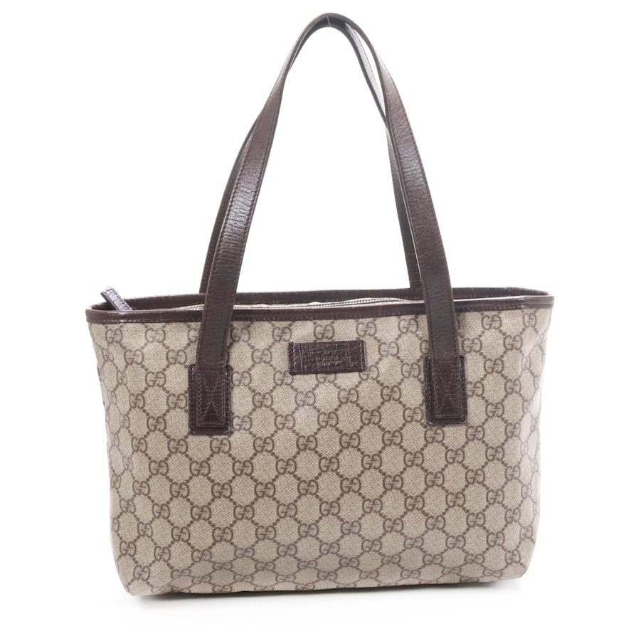 Gucci Tote in GG Supreme Canvas and Brown Textured Leather