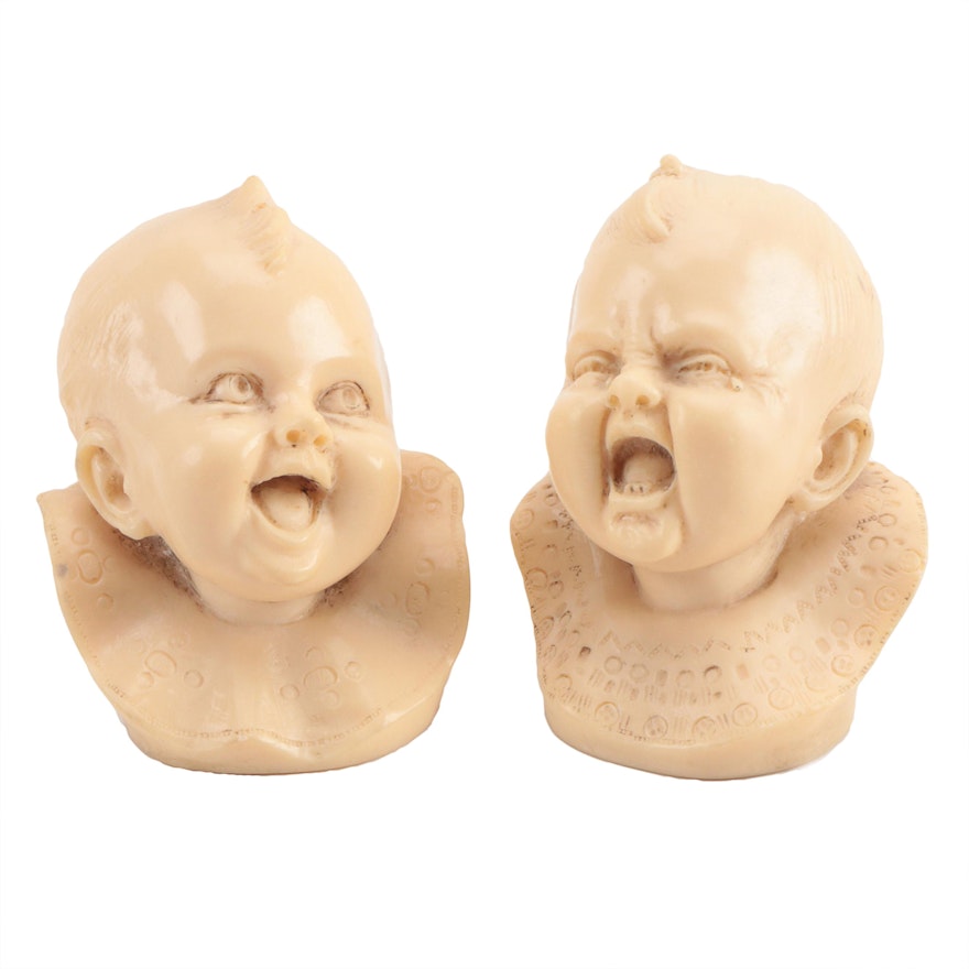 A. Santini Laughing and Crying Babies Resin Figurines, Late 20th Century