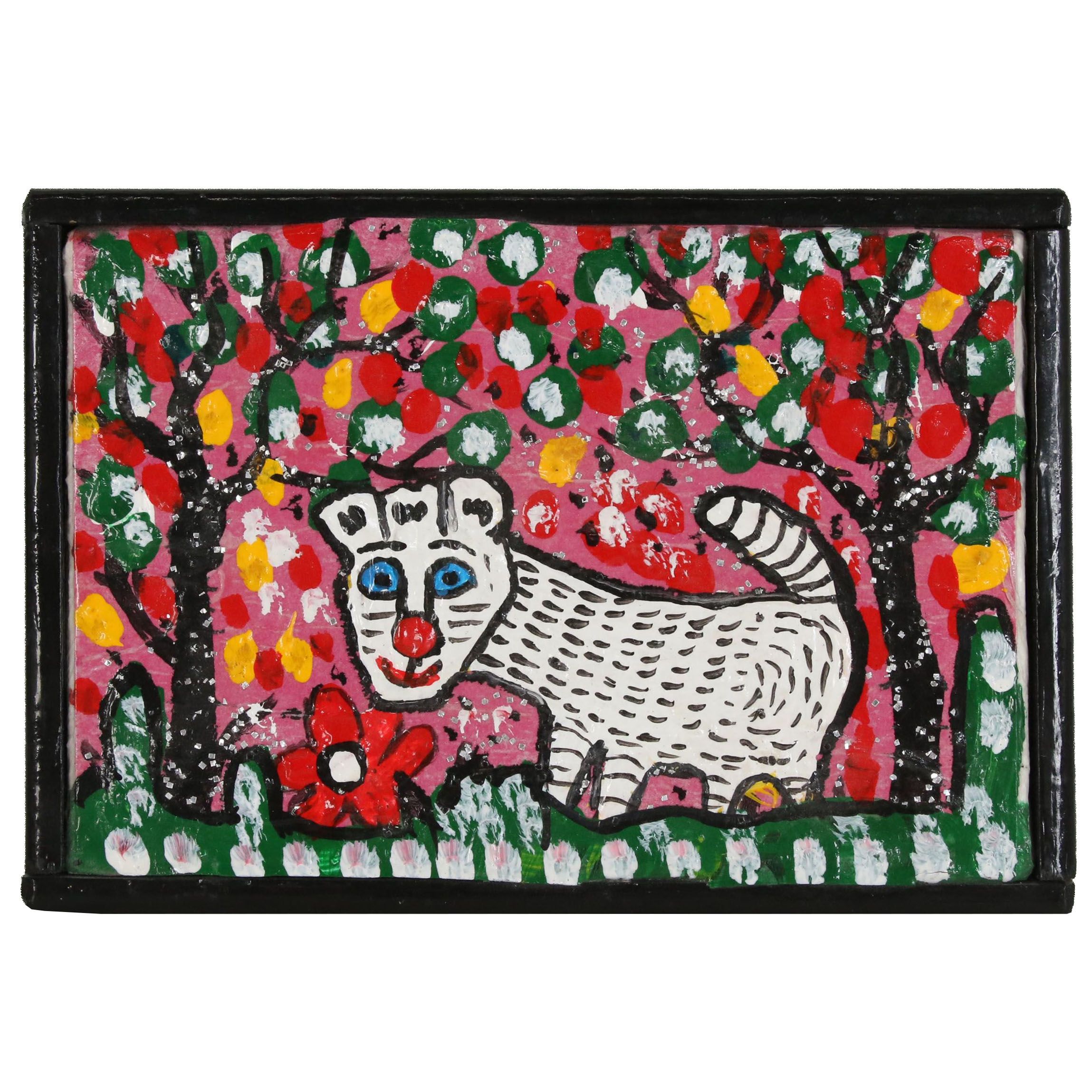 Geneva Beavers Folk Art Mixed Media Painting "Fluffy", 1988