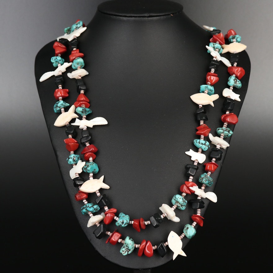 Double-Strand Necklace with Red Jasper, Mother of Pearl and Bone