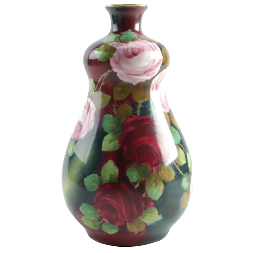 Hand-Painted Porcelain Vase with Rose Motif, 20th Century