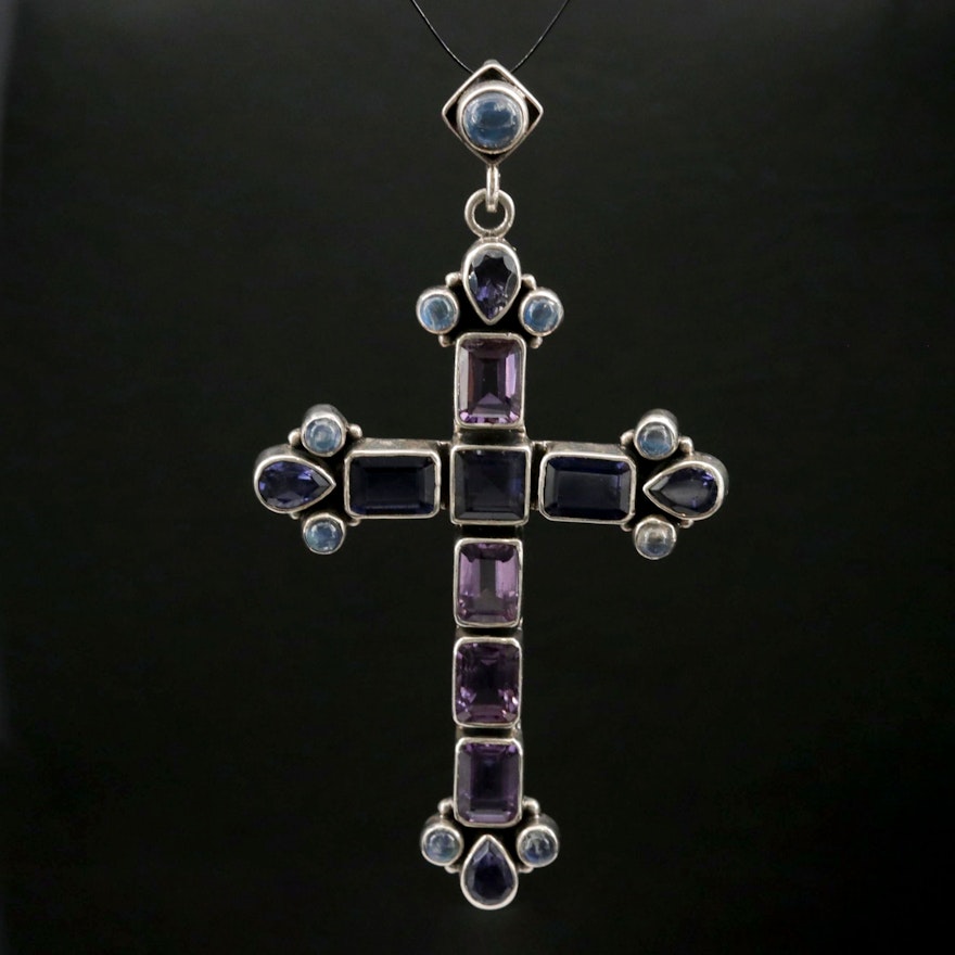 Nicky Butler Sterling Silver Iolite, Amethyst, and Labradorite Cross Pendant