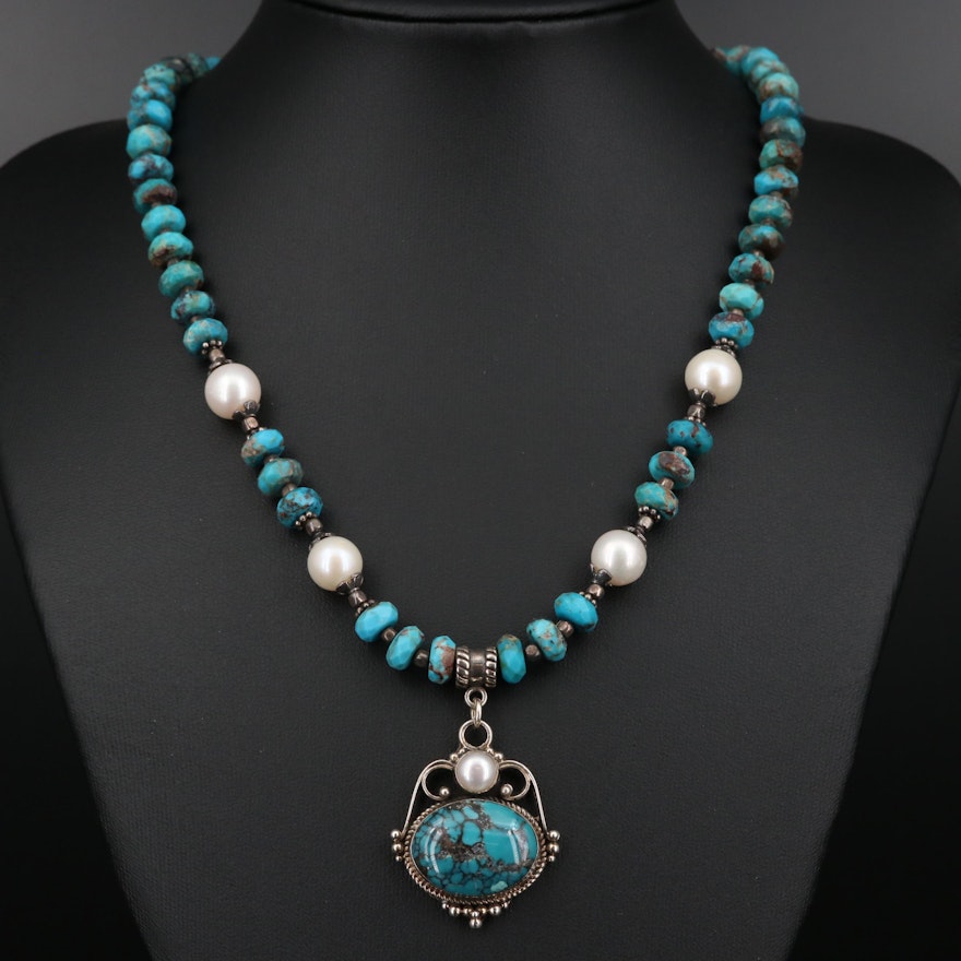 Susan Mercedes Sterling Silver Turquoise and Cultured Pearl Necklace