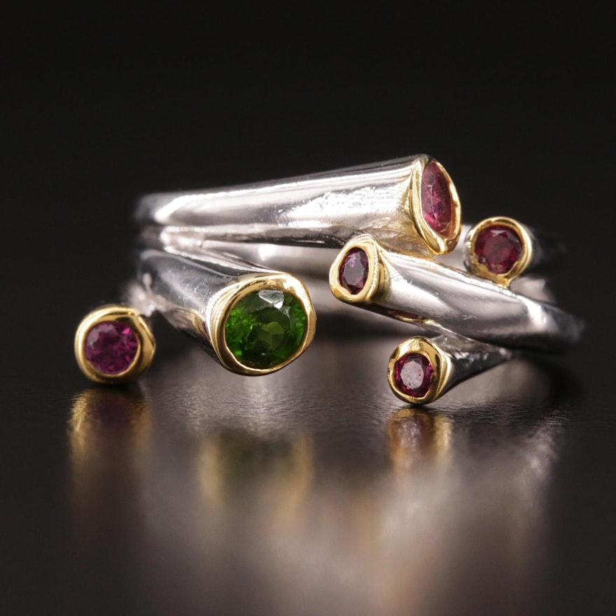 Sterling Silver Diopside, Rhodolite Garnet and Tourmaline Ring