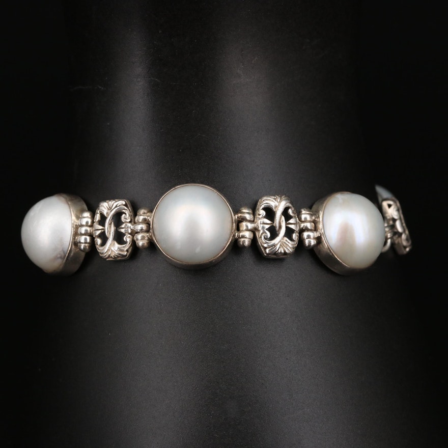 Sterling Silver Mabé Pearl Station Bracelet