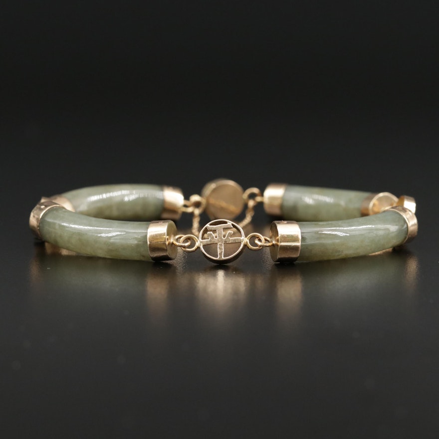14K Gold Jadeite Bar Link Bracelet with Chinese Characters
