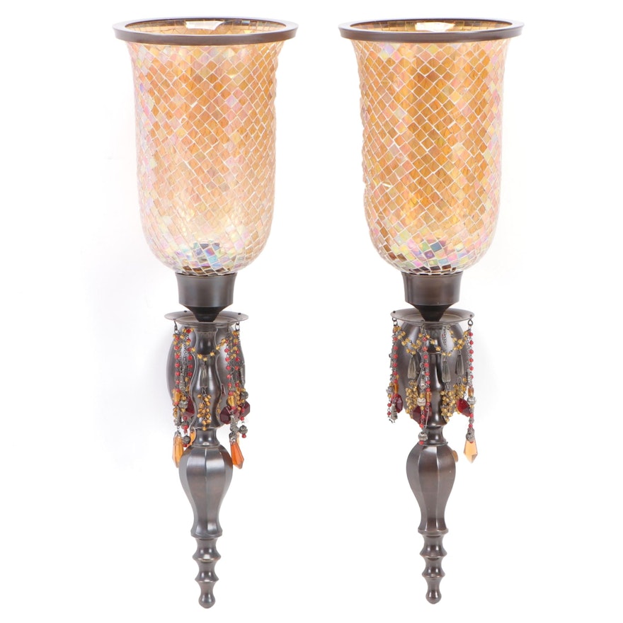 Bombay Co. Bronze Finish and Beaded Candle Wall Sconces with Mosaic Shades