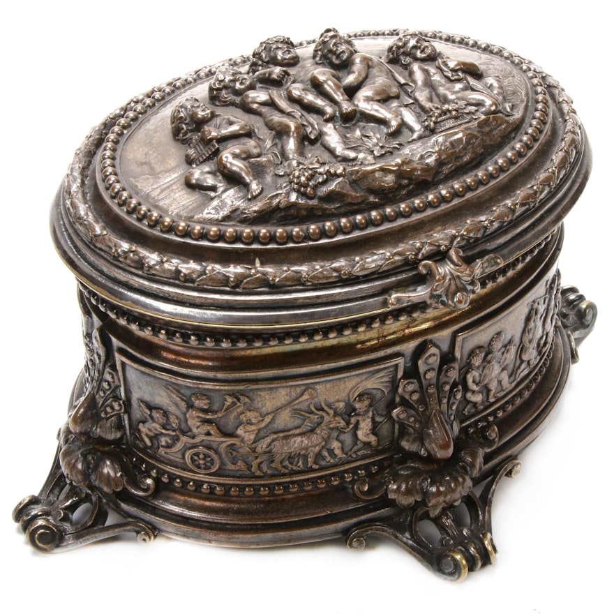 Deep Repoussé Silver Plate Cherub Vanity Box