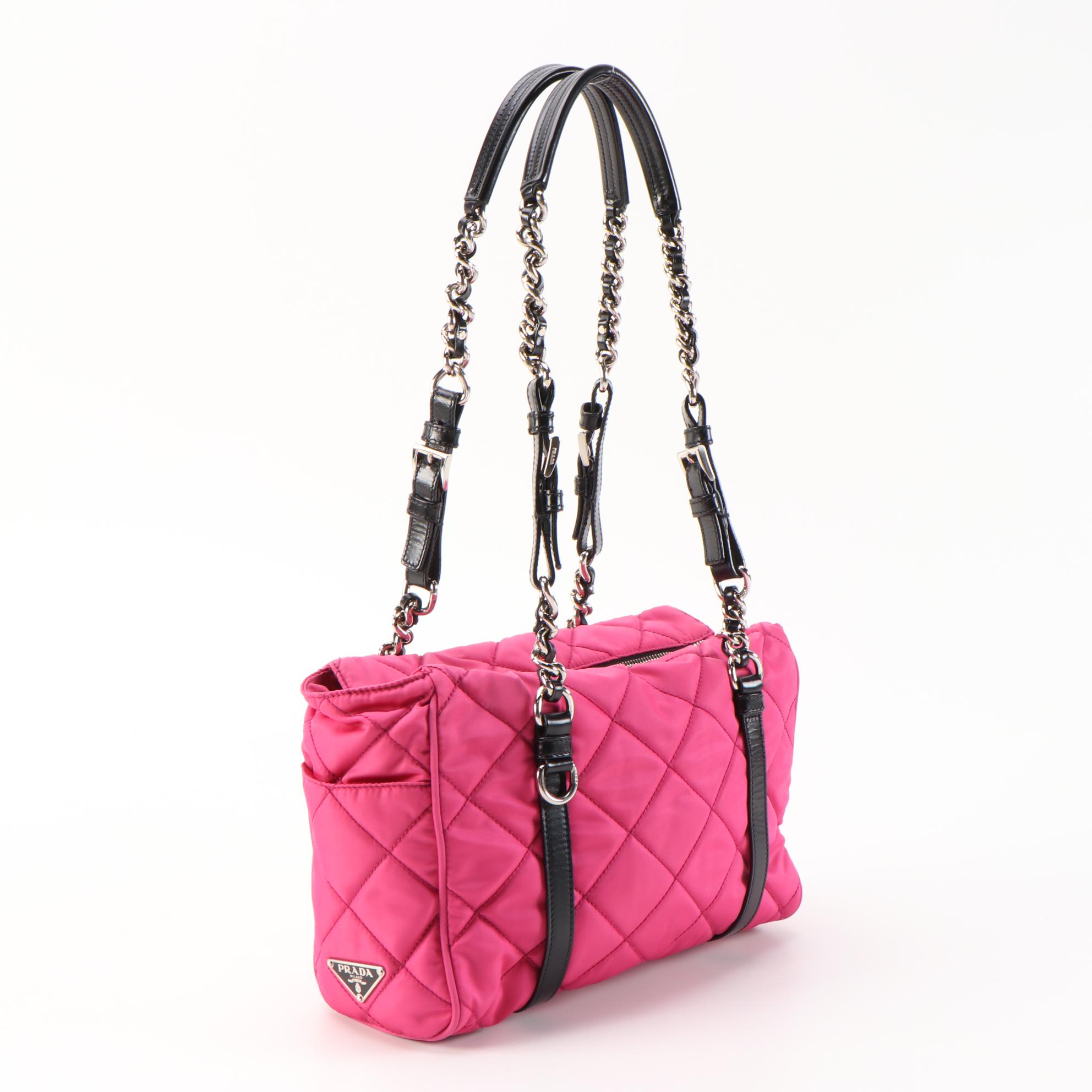 Prada Fuchsia Quilted Nylon and Black Leather Trimmed Chain Strap Shoulder Bag
