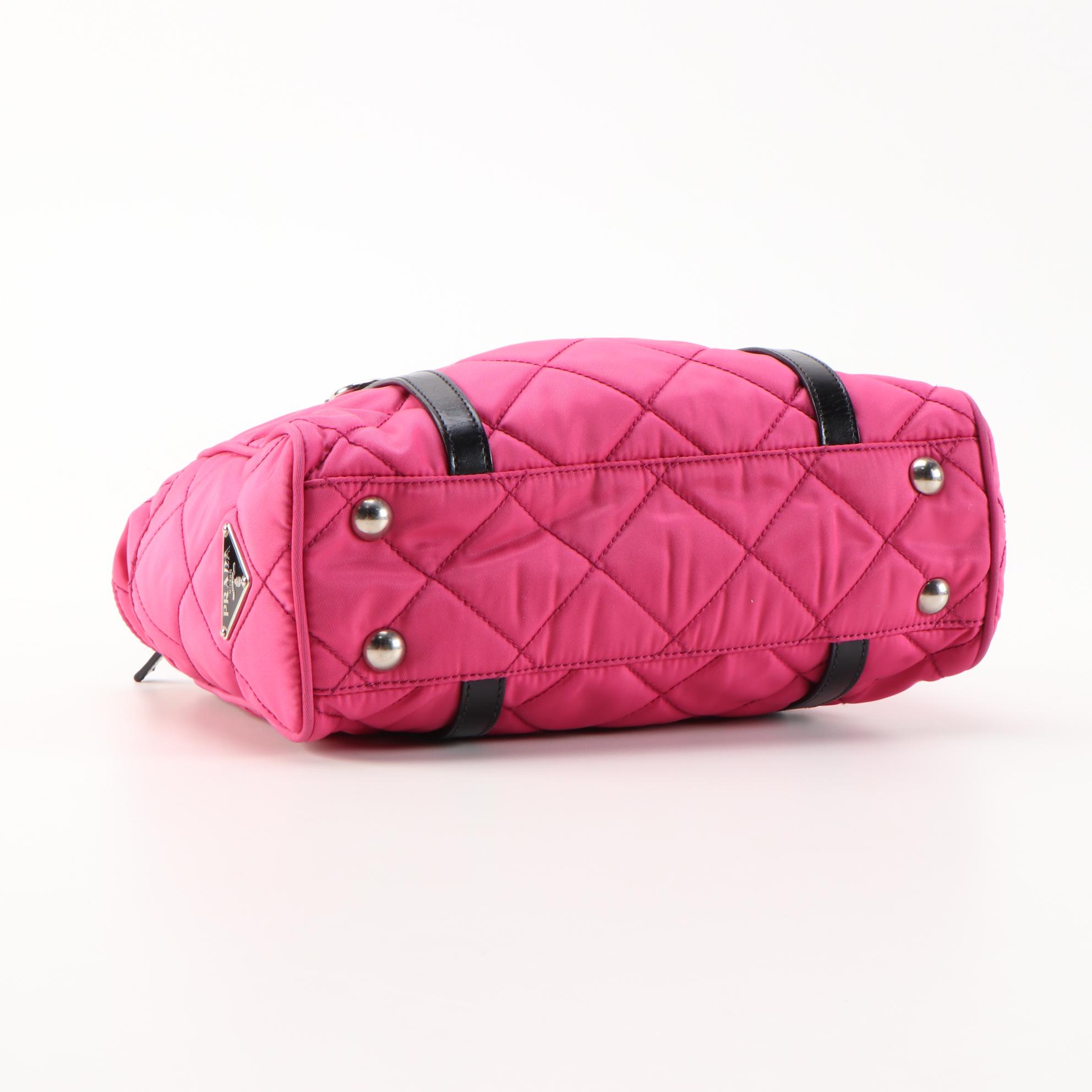 Prada Fuchsia Quilted Nylon and Black Leather Trimmed Chain Strap Shoulder Bag