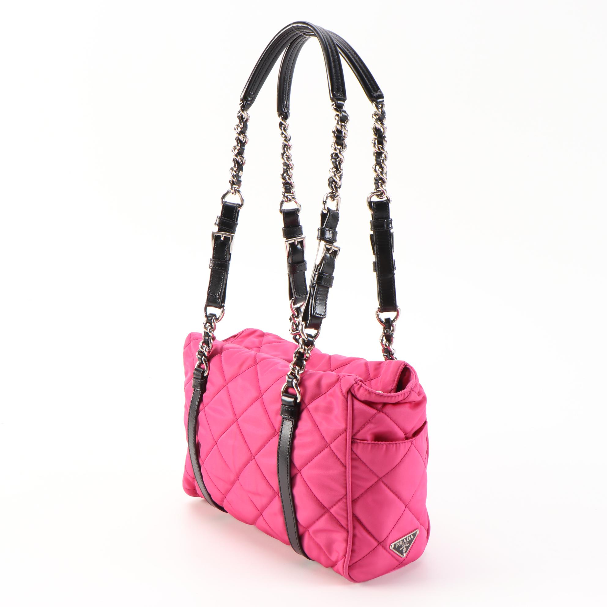 Prada Fuchsia Quilted Nylon and Black Leather Trimmed Chain Strap Shoulder Bag