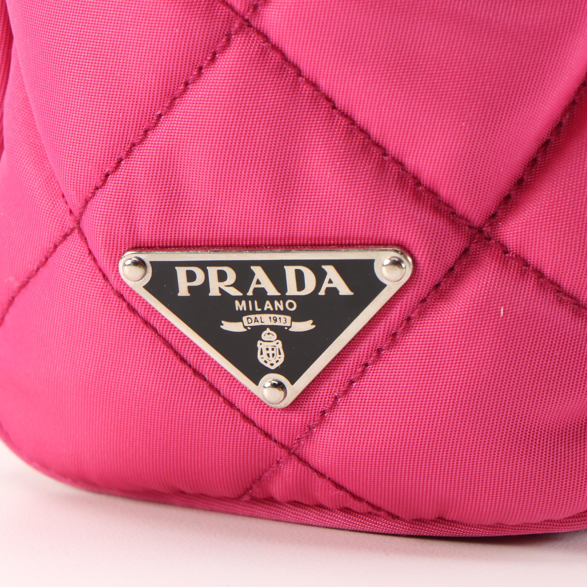 Prada Fuchsia Quilted Nylon and Black Leather Trimmed Chain Strap Shoulder Bag