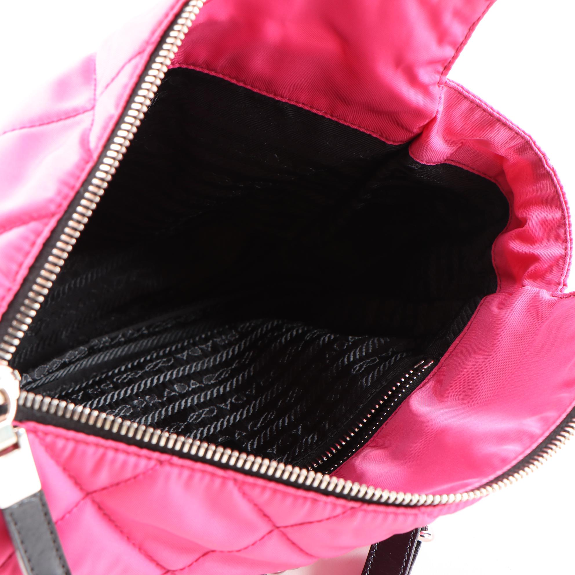Prada Fuchsia Quilted Nylon and Black Leather Trimmed Chain Strap Shoulder Bag