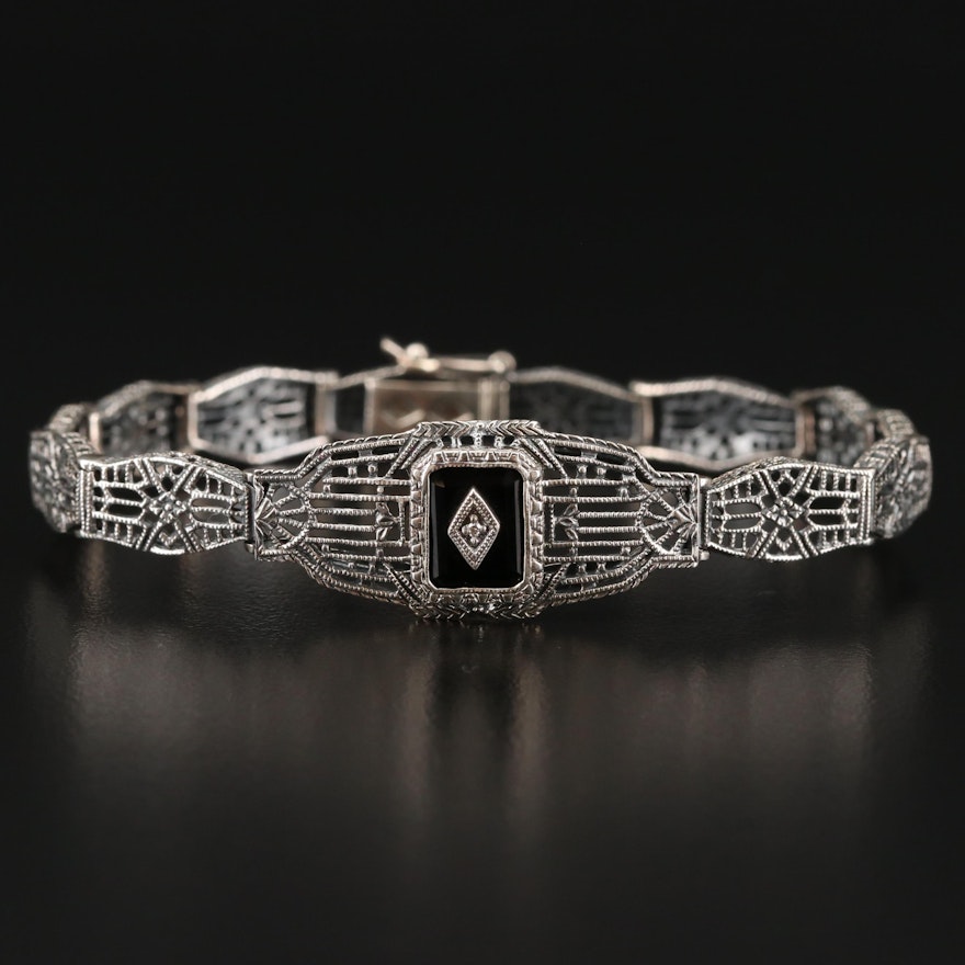 Vintage Sterling Silver, Black Onyx and Diamond Filigree Panel Bracelet