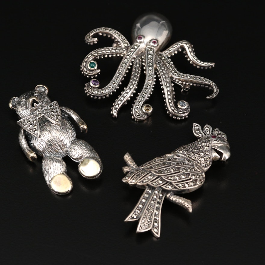 Sterling Silver Parrot, Teddy Bear and Octopus Brooches with Marcasite and Ruby