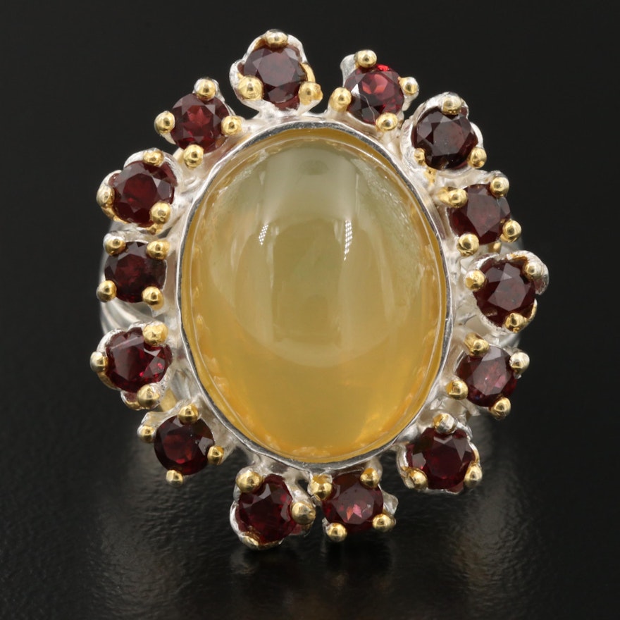 Sterling Common Opal Ring with Garnet Halo