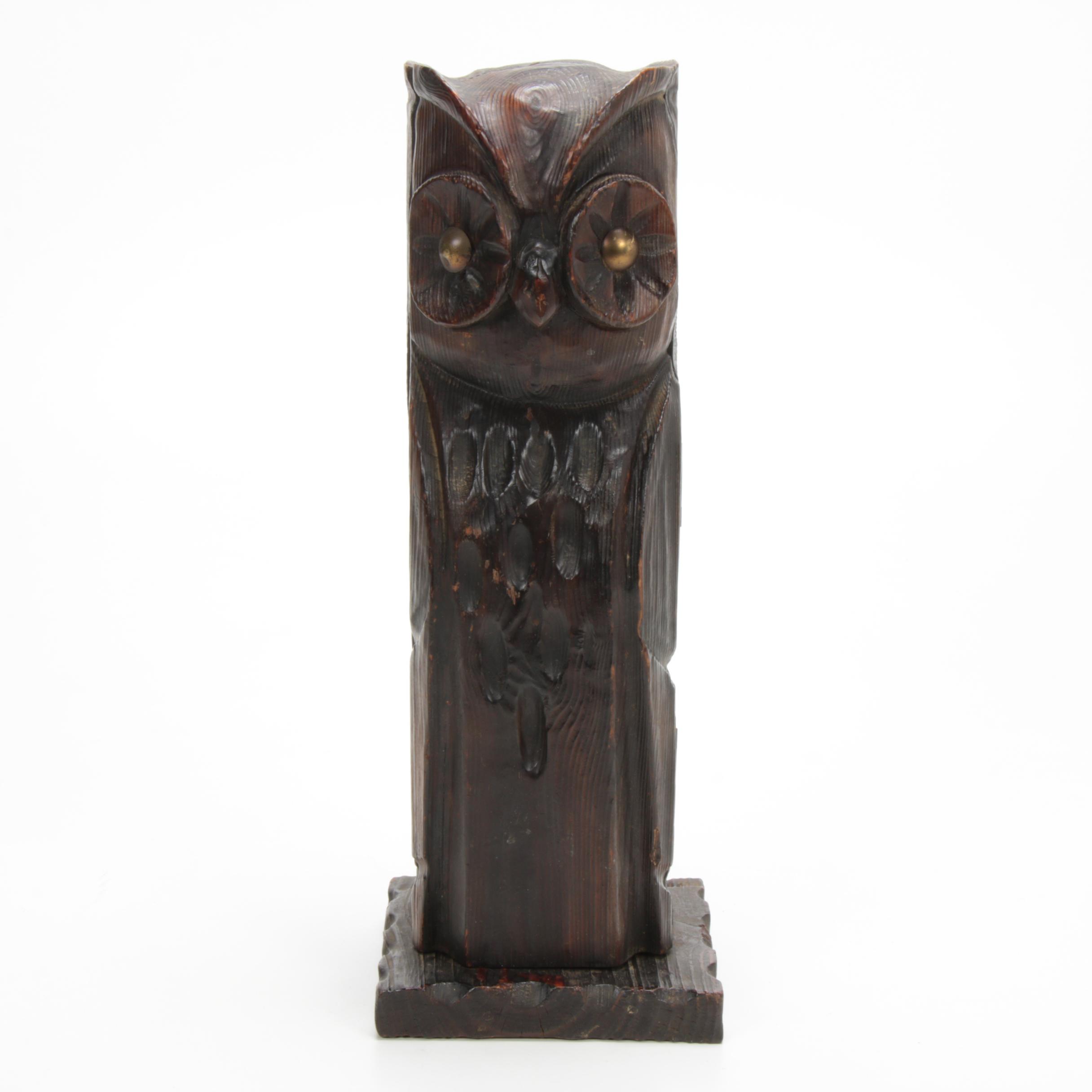 Hand-Carved Owl Liquor Bottle Box, Vintage