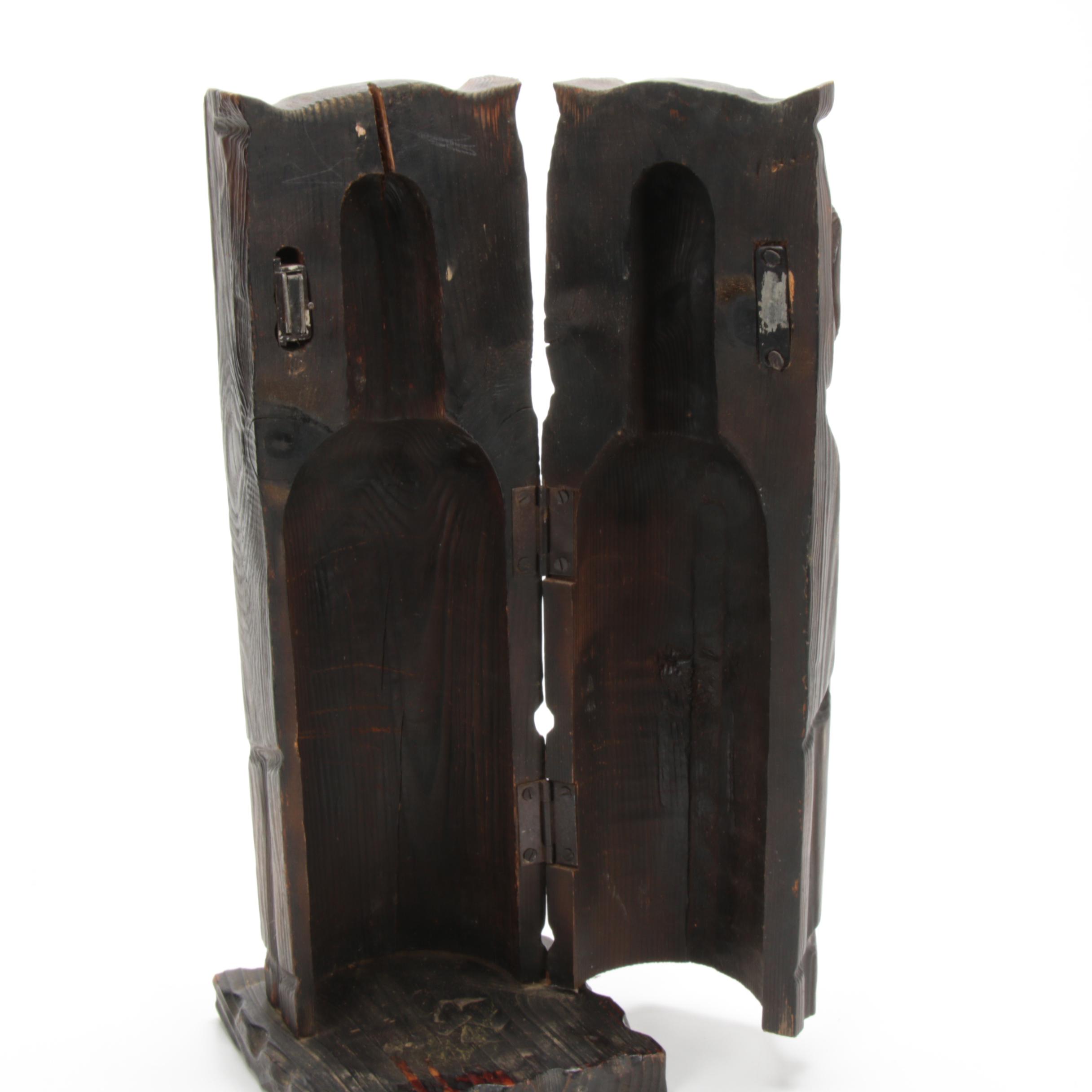 Hand-Carved Owl Liquor Bottle Box, Vintage