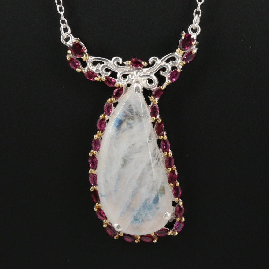 Sterling Freeform Moonstone Necklace with Garnet Accents