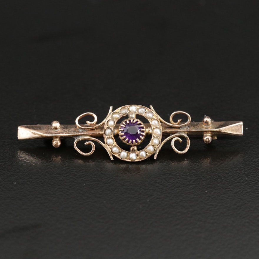 Victorian 9K Amethyst and Seed Pearl Bar Brooch