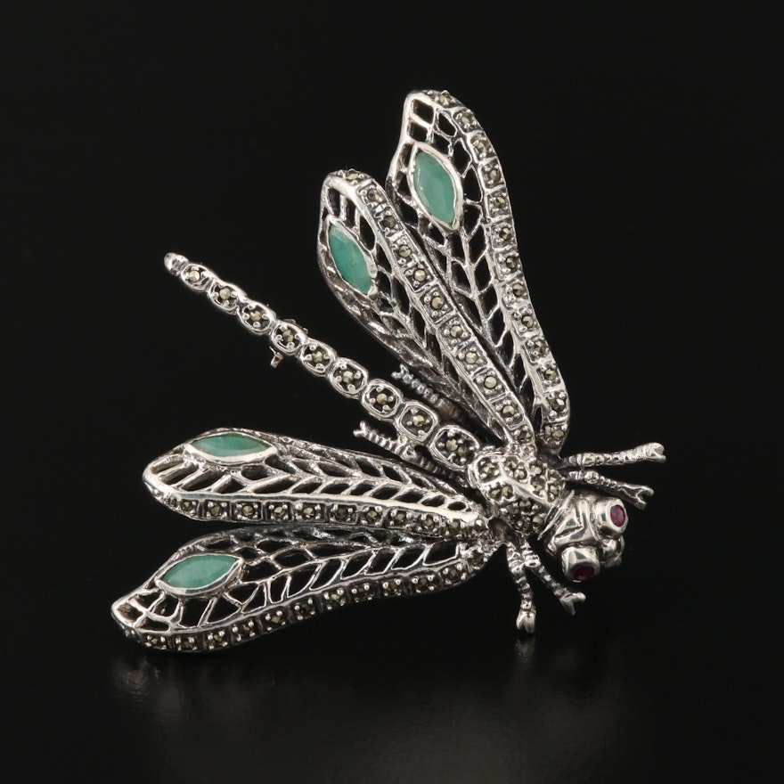 Sterling Silver Emerald and Marcasite Dragonfly Brooch